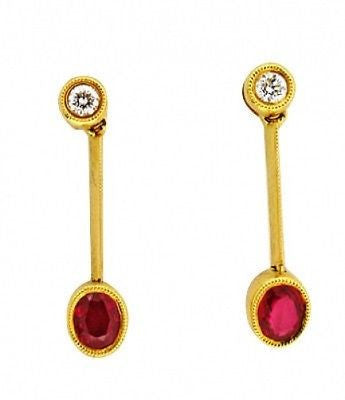 Estate Fine Oval Red Ruby, Ideal Cut Diamond 18k Yellow Gold Dangle Earrings