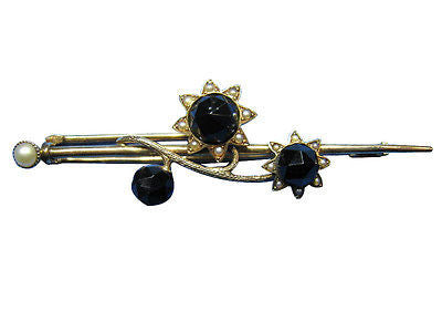 Estate 1900'S 14k Yellow Gold Faceted Black Onyx & Natural Seed Pearl Flower Pin – image 2