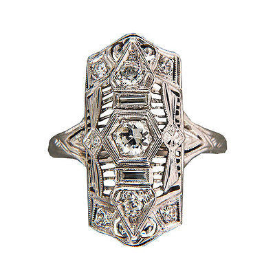 Vintage Art Deco 18k White Gold .03ct Baguette .15ct Diamond Ring