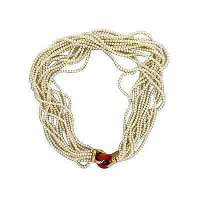 Estate 18k Gold 13 Strand Akoya Pearl Necklace Multicolor Enameled Center Link – image 2