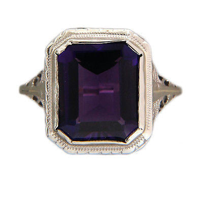Vintage Emerald Cut 5.60ct Bright Purple Amethyst Art Deco Filigree 14k Ring