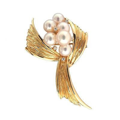 Vintage Mikimoto 18k Yellow Gold 6 Cultured Aaa Grade Pearl Round Diamond Pin