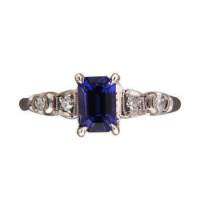 Vintage 1.02ct Violet Emerald Cut Sapphire Art Deco Diamond Platinum Ring