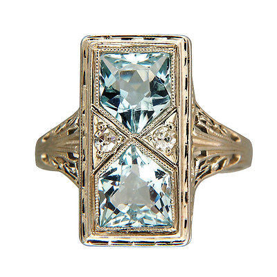 Vintage Art Deco Natural 2.00ct Bullet Aqua 18k White Gold Ring .04ct Diamond