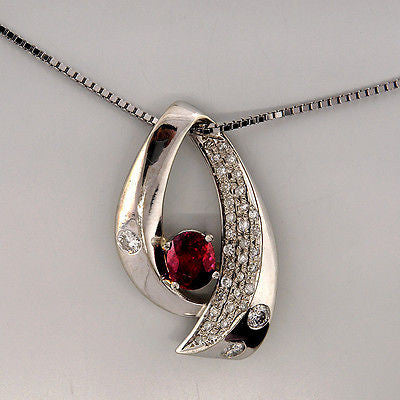 Vintage 14k White Gold Swirl Design Ruby & Diamond Pendant White Gold Box Chain – image 4