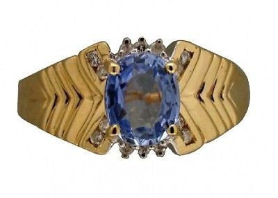 Estate 14k Yellow Gold Oval Light Blue Sapphire Round Diamond "V" Pattern Ring