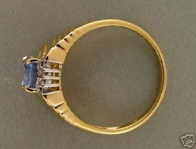 Estate 14k Yellow Gold Oval Light Blue Sapphire Round Diamond "V" Pattern Ring – image 2