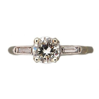 Vintage Estate 0.67ct Diamond 1950 Platinum Ring .04ct Baguette