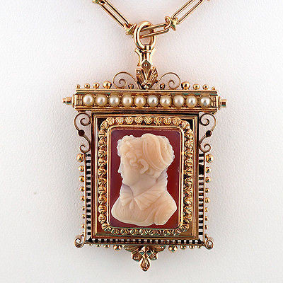 Vintage 1870 Victorian 15k Pink Gold Carved Carnelian Hard Stone Pin Pendant – image 4