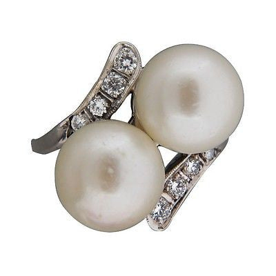 10mm 9.5mm Double Japanese Akoya Pearl 14k White Gold Bypass Full Diamond Ring