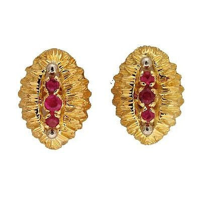 Vintage 18k Yellow Gold Domed Textured 6 Blood Red Ruby Oval Earrings