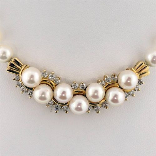 Vintage 1960 Pearl 14k Yellow Gold Diamond 6.25mm Necklace 1.00ct – image 2