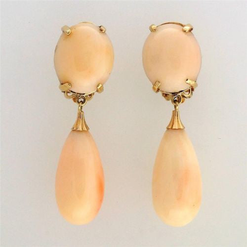 Vintage Estate Natural Angel Skin Pink Coral 14k Gold Dangle Earrings 41.74mm