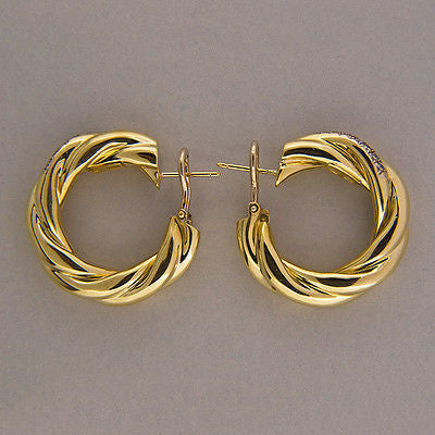 Vintage 1 1/4 Inch 18k Yellow Gold Twist Tubing Hoop Earrings .28ct Full Diamond – image 9