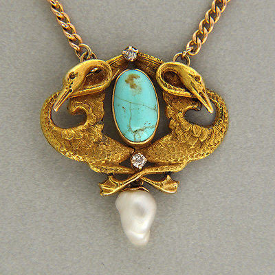 Vintage Art Nouveau Untreated Turquoise Baroque Pearl 14k Swan Pendant Chain – image 5