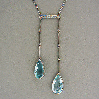 Art Deco 18.00ct Pear Aqua Double Platinum Rose Cut Diamond Drop Pendant – image 2