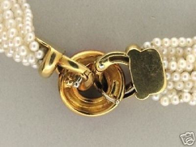 Estate 18k Gold 13 Strand Akoya Pearl Necklace Multicolor Enameled Center Link – image 15