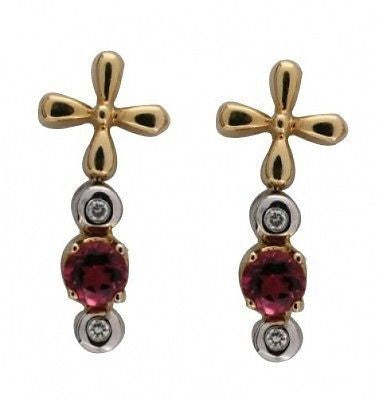 Estate 14k Yellow White Gold Pink Tourmaline & Diamond Hinged Dangle Earrings