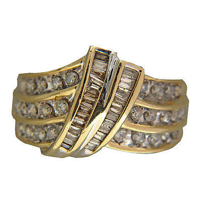 Vintage Three Row 1.10ct Diamond Swirl Baguette Round 14k Yellow Gold Ring