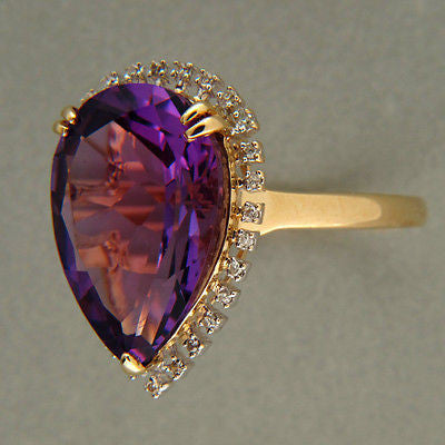 Vintage 7.0ct Pear Shape Amethyst 28 Single Cut Diamond Surround 14k Gold Ring – image 4