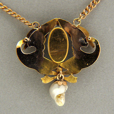 Vintage Art Nouveau Untreated Turquoise Baroque Pearl 14k Swan Pendant Chain – image 4