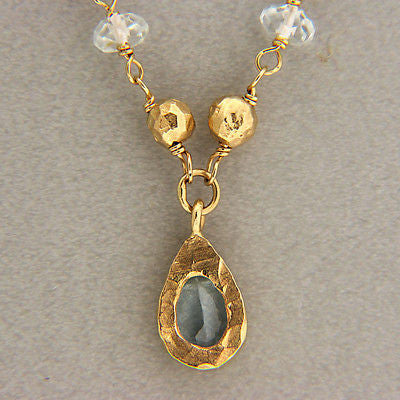 Vintage Talisman 14k Gold Hammered Bead 15 1/2 In Pear Aqua Toggle Necklace – image 2