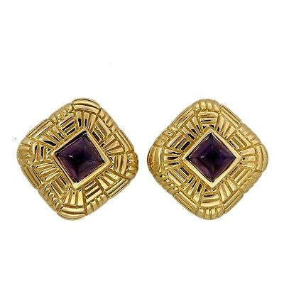 Vintage Earrings SBI Designer 18k Yellow Gold .80ct Square Cabochon Amethyst