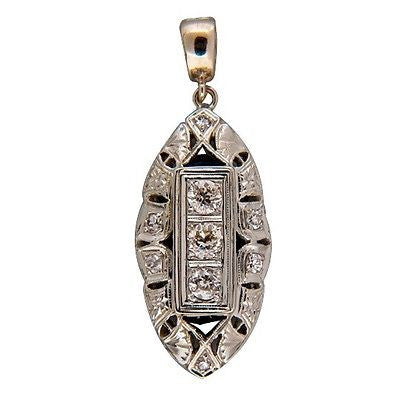 Vintage Art Deco 1940s Marquise Shape 14k Gold Pierced Diamond Sapphire Pendant