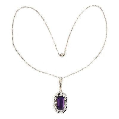 Art Deco 1940'S 14k White Gold Filigree 6.00ct Amethyst Pendant Bar Link Chain