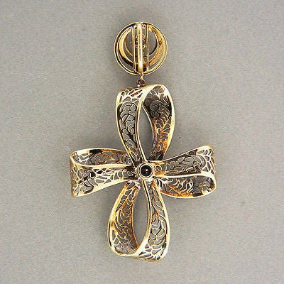 Art Deco Filigree 14k White Yellow Gold Cross Diamond .10ct Enamel Pendant – image 2