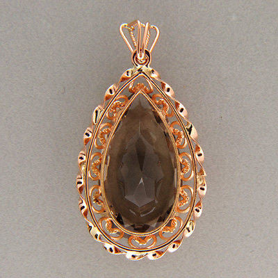 Vintage 1950s 16ct 14k Rose Gold Open Work Frame Pear Smokey Quartz Pendant – image 2