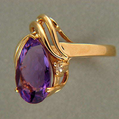 Vintage Pear Shape 4.29ct Amethyst 14k Yellow Gold Swirl Full Cut Diamond Ring – image 4