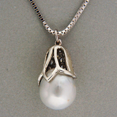 14.5mm Gray South Sea Pearl .50CT Pave Diamond 14k White Gold Box Chain Pendant – image 2
