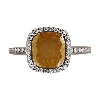 Vintage 1.83ct Cushion Brown Green Diamond 14k Blackened White Gold Halo Ring