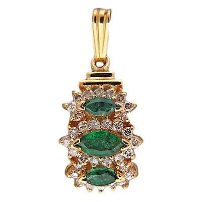 Vintage Curved 3 Marquise Emerald 14k Gold 32 Full Cut Round Diamond Pendant