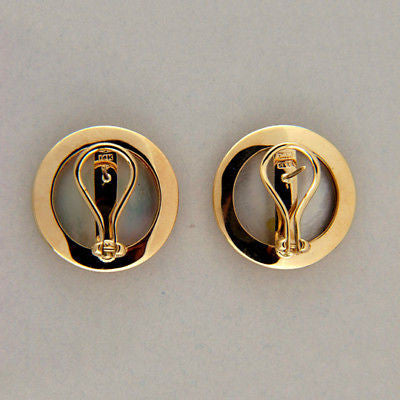 Vintage Button Style 1 Inch 14k Gold Mother of Pearl Omega Clip Post Earrings – image 2
