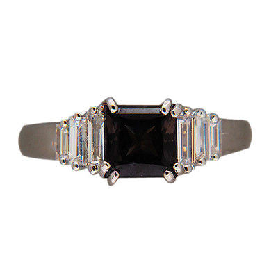 Vintage 1.41ct Brownish Green Sapphire Straight Baguette Diamond Platinum Ring – image 2