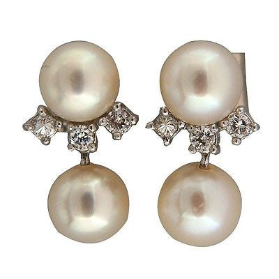 Vintage 4 Pearl 7.5 To 7.9mm 14k White Gold .22CT Diamond Dangle Earrings