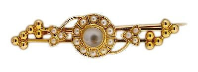 Estate 1870s Cat's Eye Moonstone Center Natural Seed Pearl 14k Yellow Gold Pin