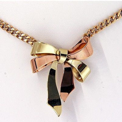 Vintage Retro Art Deco Ribbon Pink Green Bow 14k Pendant – image 4