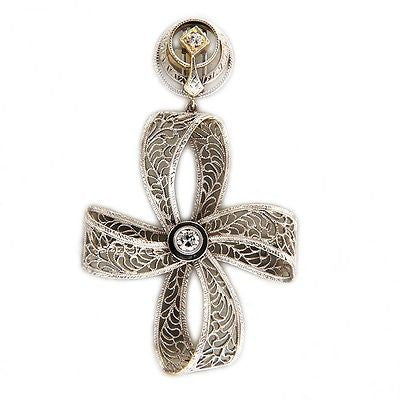 Art Deco Filigree 14k White Yellow Gold Cross Diamond .10ct Enamel Pendant – image 3