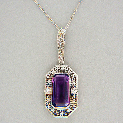 Art Deco 1940'S 14k White Gold Filigree 6.00ct Amethyst Pendant Bar Link Chain – image 4