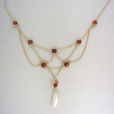 Vintage 5.50ct Orange Yellow Citrine Fresh Water Pearl 14k Victorian Necklace – image 6