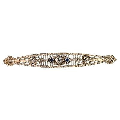 Vintage 1930s Art Deco Pierced Platinum Diamond Sapphire Bar Pin 14k Gold Stem – image 2