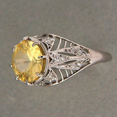 Vintage 2.43ct Round Whispy Yellow Sapphire Platinum Art Deco Diamond Ring – image 4