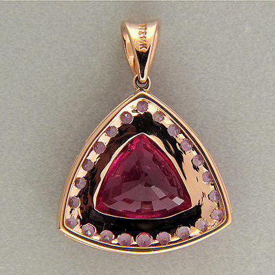 Hot Pink 5.75ct Triangular Tourmaline 1.26ct Pink Sapphire 14k Pink Gold Pendant – image 4