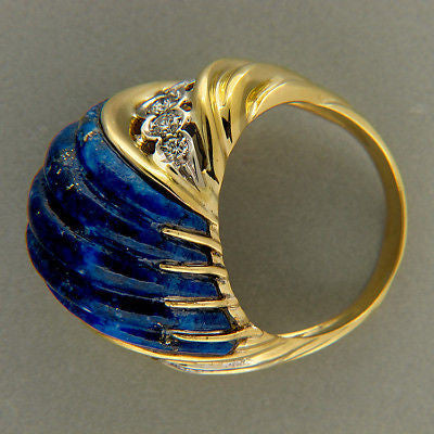 Vintage Large Untreated Carved Blue Lapis Large 18k 2 Tone Gold 10 Diamond Ring – image 4