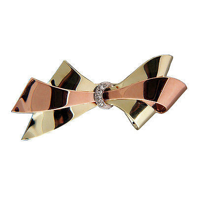 Vintage 1935 Retro Art Deco Pink Green Gold Single Cut Diamond Bow Pin .05ct