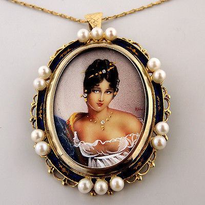 Vintage Hand Painted Woman Picture 14k Yellow Gold Cultured Pearl Pin/Pendant – image 5