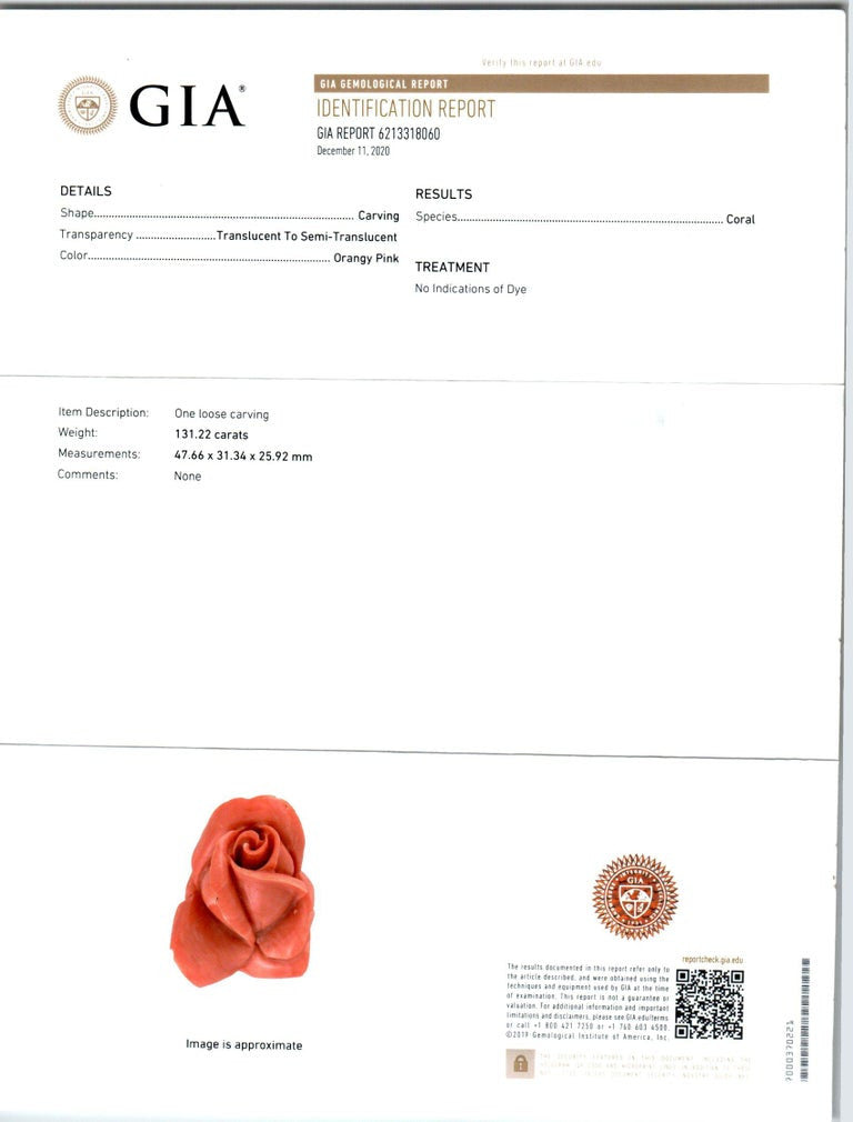 GIA Certified 131.22 Carat Rose Shaped Hand Carved Natural Coral Ornament – image 3